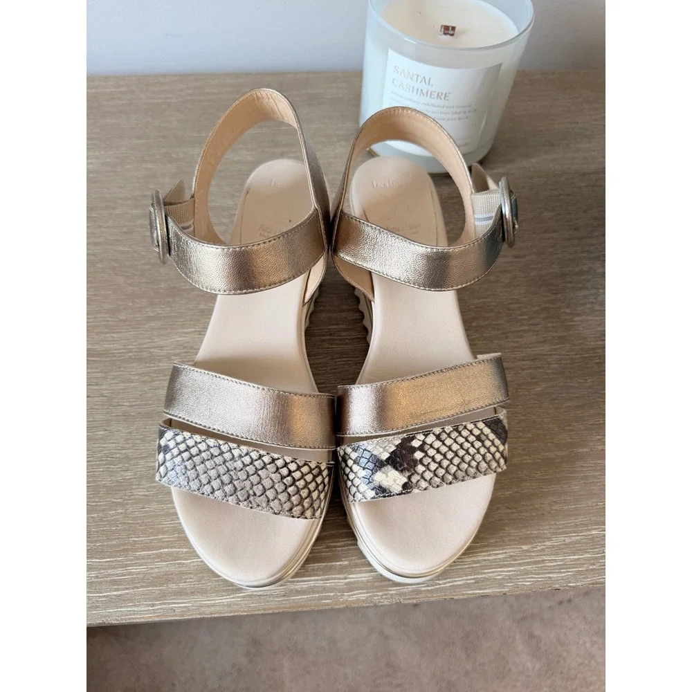 Luca Grossi Platform Sandals Womens Gold Size 37 Italian Leather Wedge Buckle